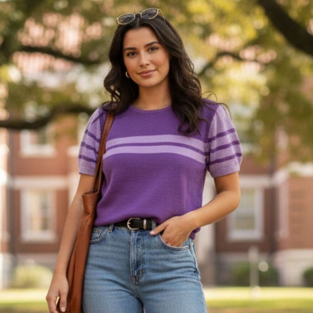 Vintage Short Sleeve Sweater Cozy Knit Fashion Bug Striped Purple Women 18/20